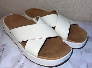 UGG Emily White Leather Cross-Strap Slide Sandals Size 7.5